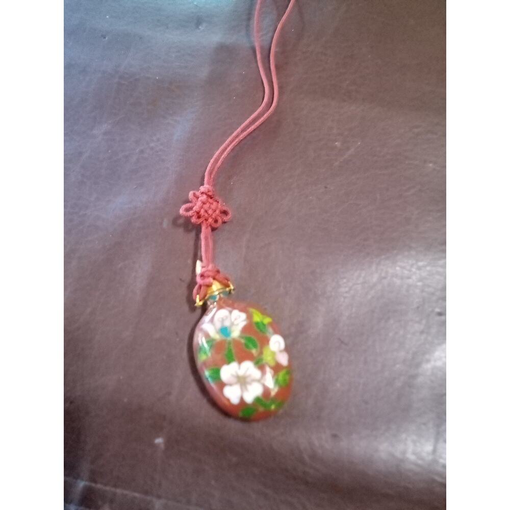 Vintage Asian Cloisonne Red Enamel & Brass Snuff Bottle On Corded Necklace